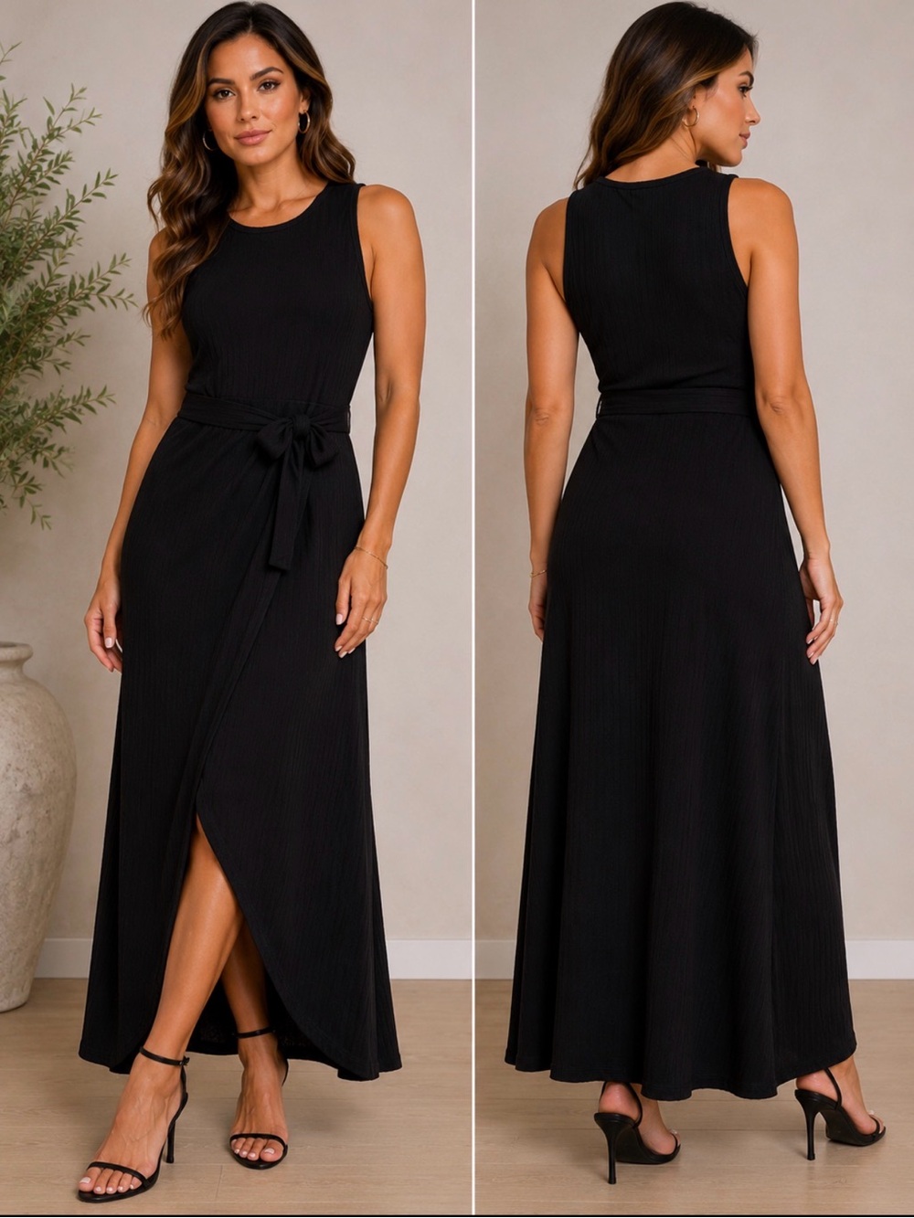 Sleeveless Black Tie-Waist Maxi Dress
